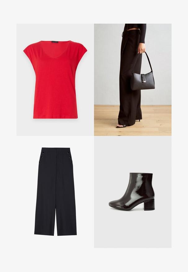 Červené tričko s krátkym rukávom a výstrihom do V, vyrobené z mäkkej látky. Má voľný strih, hladkú textúru a čisté švy pozdĺž lemu.; Široké nohavice z tmavomodrého materiálu s hladkou textúrou, prednými skladmi a ozdobnými zlatými očkami na bočných vreckách.; Čierne lakované kožené členkové topánky s špicatou špičkou a hrubým podpätkom. Hladká textúra s jemným leskom a čisté línie, minimalistický dizajn.; Čierna kabelka so štruktúrovaným tvarom, hladkou textúrou a kovovou sponou. V kombinácii so širokými čiernymi nohavicami a sandálmi s otvorenou špičkou na drevenej podlahe.