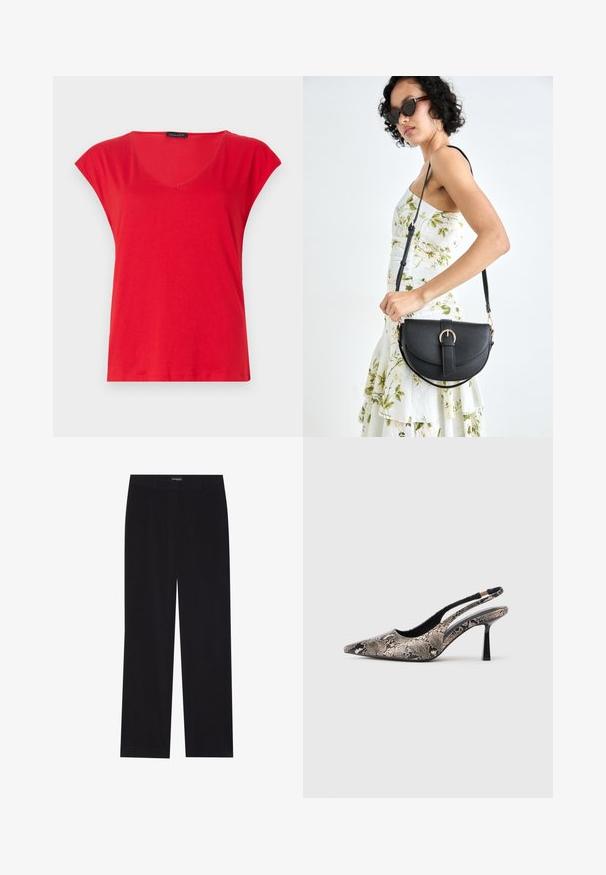 Crvena kratka majica s V-izrezom od mekog materijala. Ima opušteni kroj s glatkom teksturom i urednim šavovima duž rubova.; Crne korduroy hlače ravnog kroja, s ravnim pojasom i bez vidljivih džepova, glatke teksture i detaljima vertikalnih rebrastih uzoraka.; Cipele s otvorenom petom i špicastim prstom izrađene od teksturiranog materijala sa uzorkom zmijske kože, s tankim crnim potplatom i izrezanim dizajnom sa strane.; Crna kožna torba s lukovitim oblikom, odvojivim remenom i zlatnim detaljima. Torba ima preklop s kopčom.