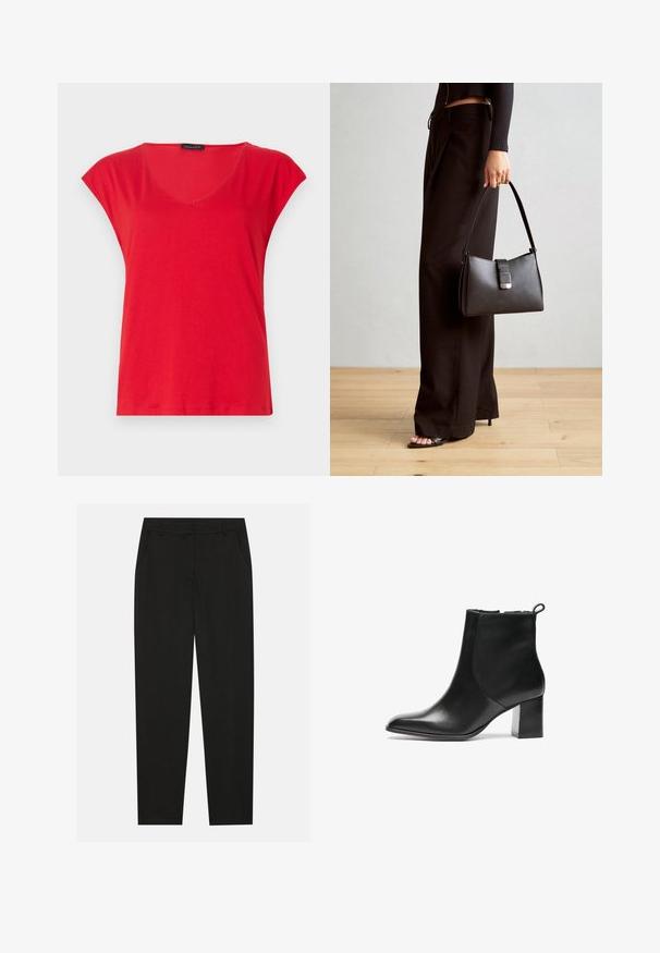Rød kortærmet V-hals T-shirt lavet af blødt stof. Har en afslappet pasform med en glat tekstur og pæne syninger langs kanten.; Sorte bukser med en skræddersyet design, der har sidelommer og lige ben. Lavet af glat, letvægtsstof med en elegant finish.; Sorte læder ankelstøvler med en rund tå, en mellemhøj blokhæl og en løkke bagpå. Glat tekstur, minimalistisk design.; Sort håndtaske med struktureret form, glat overflade og metalspænde. Sammen med brede sorte bukser og sandaler med åben tå på trægulv.