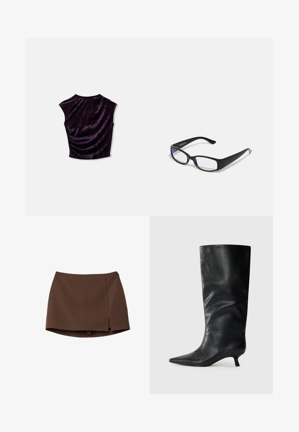 Top corto in velluto viola con scollatura rotonda, maniche a sbuffo e texture arricciata sul retro, che mette in evidenza un materiale liscio e ricco.; Minigonna marrone realizzata in tessuto liscio, con spacco frontale, linee pulite e vestibilità strutturata. Senza tasche o dettagli hardware evidenti.; Stivale in pelle nera alto fino al ginocchio con punta affilata e tacco kitten basso, esposto su uno sfondo chiaro e semplice.; Occhiali rettangolari neri con lenti trasparenti. Finitura lucida, bracci sottili e una sfumatura viola visibile ai bordi delle lenti.; Orologio in acciaio inossidabile argentato con cassa quadrata, quadrante bianco, display analogico e digitale, e bracciale a maglie metalliche. Design impermeabile.