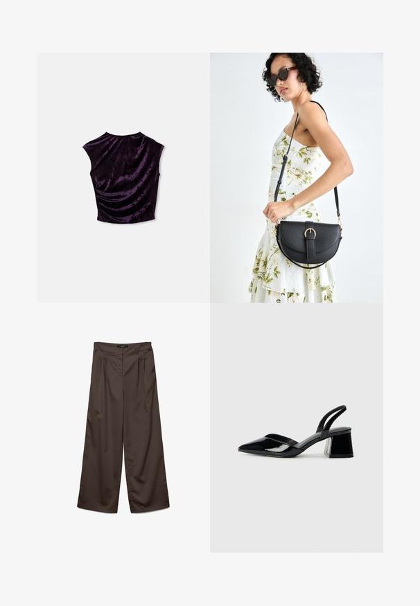 Purple velvet crop top with a round neckline, cap sleeves, and gathered texture at the back, showcasing a smooth, rich material.; Wide-leg trousers in dark brown fabric with a smooth texture. Features include pleats at the front and a standard waistband.; Black patent leather slingback heels with a pointed toe and a geometric block heel. Features a sleek, minimal design and smooth texture.; Black leather handbag with a curved shape, detachable strap, and gold hardware. The bag features a flap with a buckle detail.