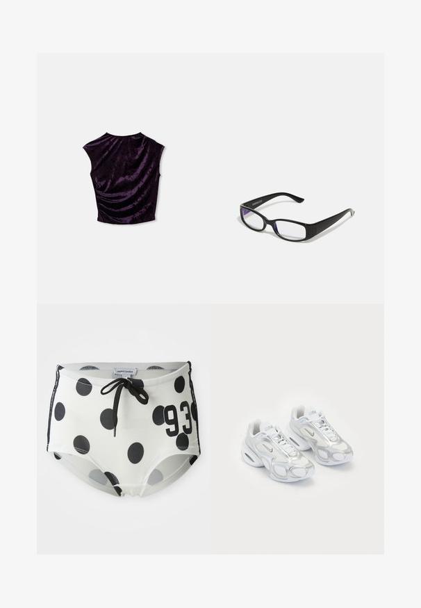 Top scurt din catifea mov, cu decolteu rotund, mâneci tip capac și textură pliată în partea din spate, evidențiind un material neted și bogat.; Pantaloni scurți de baie cu buline negre și albe, cu un brâu cu șnur, având numărul "93" pe față și un material neted și elastic.; Adidași albi sport cu un superior din plasă și accente argintii, cu o formă unică și amortizare cu aer în călcâi. Design cu șireturi și logo.; Ochelari dreptunghiulari negri cu lentile clare. Finisaj lucios, brațe înguste și nuanță purpurie vizibilă la marginea lentilelor.
