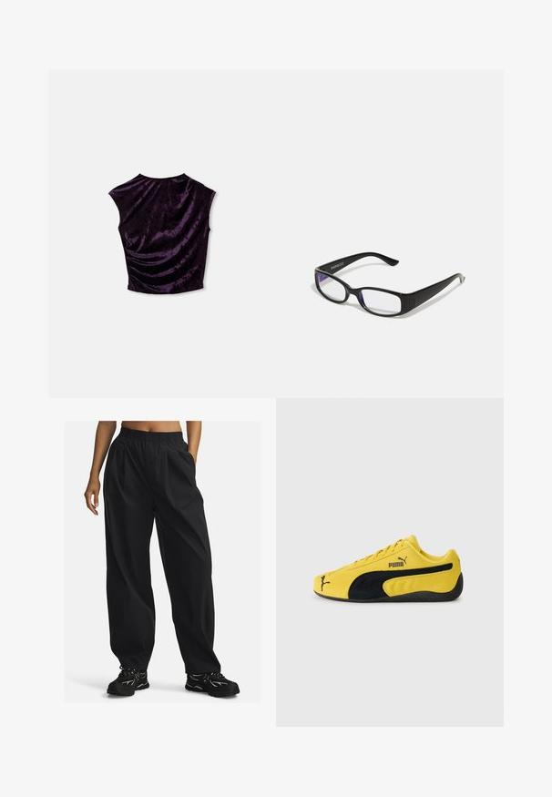Paarse fluwelen crop top met een ronde hals, korte mouwen en gathered textuur aan de achterkant, dat een soepele, rijke stof toont.; Zwarte, ruime broek van lichtgewicht stof met een elastische tailleband, voorzien van zijzakken en een gladde textuur.; Geel suède sneaker met zwarte suède accenten. Voorzien van een gestructureerde zool, vetersluiting en het Puma-logo aan de zijkant en op de tong.; Zwarte rechthoekige bril met heldere glazen. Glanzende afwerking, smalle veren en paarse tint zichtbaar aan de randen van de glazen.