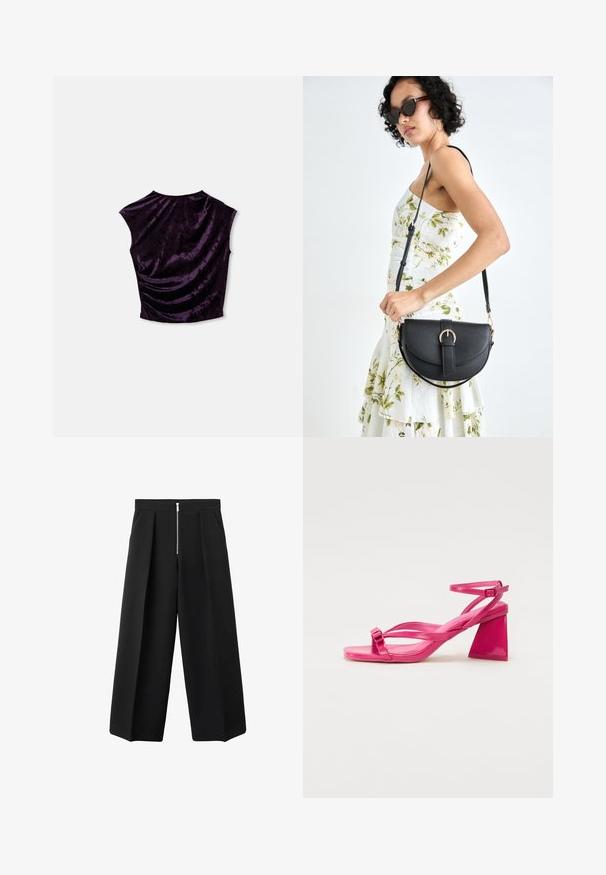 Ljubičasti baršunasti kratki top s okruglim izrezom, kap sleeves i naboranom teksturom na leđima, prikazuje glatki, bogati materijal.; Crne široke hlače s prednjim nabranjima i vidljivim srebrnim zatvaračem na struku, ravnog prednjeg dijela i bočnim džepovima.; Roze lakirane sandale s potpeticom, sa kvadratnim vrhom, uskim trakama i geometrijskom blok potpeticom. Imaju pojedinost s kopčanjem na traci.; Crna kožna torba s lukovitim oblikom, odvojivim remenom i zlatnim detaljima. Torba ima preklop s kopčom.