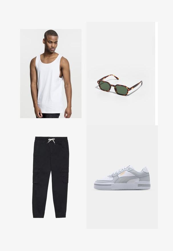 Bijela pamučna majica bez rukava s okruglim izrezom, opuštenog kroja i bočnim šavovima. Glatka tekstura, standardne dužine, pogodna za svakodnevno nošenje.; Crne cargo hlače od pamuka, s elastičnom sredinom struka i vezicom, bočnim džepovima i suženim rubovima.; Sive i bijeli tenisice s glatkom kožom na gornjem dijelu, perforiranim vrhom, vezanjem, teksturiranim detaljima i suptilnim zlatnim logom.; Tortoiseshell sunčane naočale s zelenim lećama, sa osmerokutnim oblikom i tankim, zakrivljenim drškama. Materijal ima sjajnu završnu obradu.