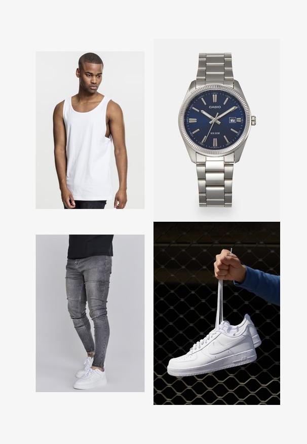 Balta be rankovių medvilninė marškinėlė su apvalia kaklo išpjova, laisvesnis siluetas ir šoninės siūlės. Glotni tekstūra, standartinio ilgio, tinkami kasdieniam dėvėjimui.; Lieknos džinsai iš išbluko pilkos džinsinės medžiagos, su pažeidimais keliuose, derinami su baltais sportiniais batais. Lygi tekstūra, siauras siluetas.; Balti odiniai sportiniai bateliai su perforacijomis, apvalia nosimi, plokščiu padu ir storomis raištelėmis, su matomu swoosh logotipu ir "AIR" ant kulno.; Sidabrinis nerūdijančio plieno laikrodis su tamsiai mėlynu ciferblatu, metaliniais valandų žymenimis ir datos langeliu 3 valandą. Atsparus vandeniui iki 50 metrų.