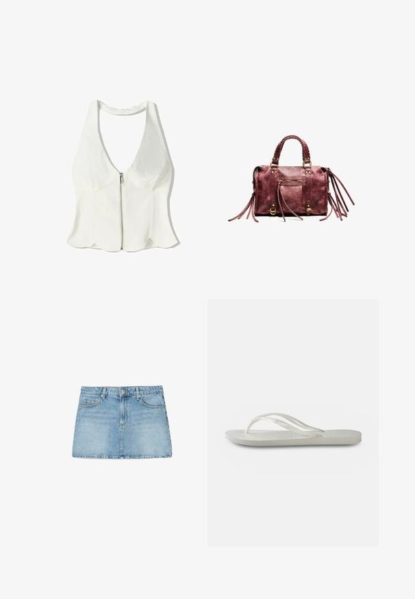 Hvid halterneck-top med dyb V-udskæring, lynlås foran og bølget kant. Lavet af et glat tekstil med minimale design detaljer.; Lysblå denim miniskørt med lige skæring, fem lomme-design og bæltestropper. Har en falmet vask og ren kant.; Hvide flip-flops med en tekstureret sål, der har tynde stropper og et fladt design. Lavet af gummi med et subtilt logo på indersiden.; Bordeaux læderhåndtaske med flettede håndtag, frynse-detaljer og gyldne metaldele. Har en frontlomme med lynlås og tekstureret overflade.