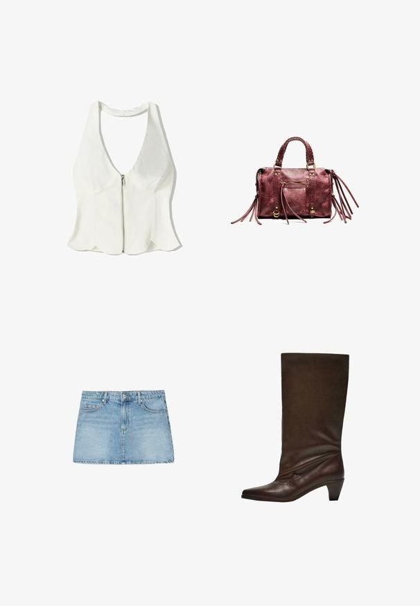 Biele halterské tričko s hlbokým V-výstrihom, predným zipsom a vlnkovaným lemom. Vyrobené z hladkého textilu s minimálnymi dizajnovými detailmi.; Svetlo modrá denimová minisukňa so rovnými líniami, dizajnom s piatimi vreckami a pútkami na opasok. Má bledý wash a čistý lem.; Tmavo hnedá kožená čižma po lýtka s nízkym zúženým podpätkom, špicatou špičkou a mierne pokrčeným zvrškom na bielom pozadí.; Bordová kožená kabelka s vrkôčkovými uchami, strapcovými detailami a zlatým kovovým hardvérom. Obsahuje prednú zipovú kapsu a textúrový povrch.