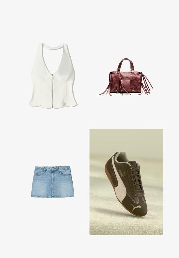White halter top with a deep V-neck, zipper front closure, and scalloped hem. Made from a smooth textile with minimal design details.; Light blue denim mini skirt with a straight cut, five-pocket design, and belt loops. Features a faded wash and clean hemline.; Brown Puma sneaker with beige stripe and logo, laced, resting on a textured beige surface.; Maroon leather handbag with braided handles, fringe accents, and gold hardware. Features a front zip pocket and textured surface.