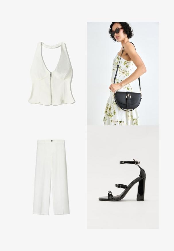 White halter top with a deep V-neck, zipper front closure, and scalloped hem. Made from a smooth textile with minimal design details.; White, wide-leg trousers with a smooth texture, featuring a front button closure and belt loops, tailored for a relaxed fit.; Black patent heeled sandals with a square toe, ankle straps, and silver buckles. Features a chunky block heel for stability.; Black leather handbag with a curved shape, detachable strap, and gold hardware. The bag features a flap with a buckle detail.