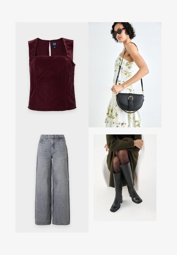 Burgundi bársonytok nélküli top négyzet alakú dekoltázzsal és hátul kulcslyuk részlettel; sima textúrájú és fitt kialakítású.; Széles szárú farmernadrág fakó szürke mosással, öt zsebbel, gombos záródással és puha tapintással, finom viselési részletekkel.; Térdfelett érő fekete bőr csizmák négyzet alakú orral és tömbtalppal, olajzöld kabátban ülő modellel bemutatva. Simaság, minimalista részletezés.; Fekete bőrtáska ívelt formával, levehető pánttal és arany színű fémrészekkel. A táskán egy csattal díszített fedél található.