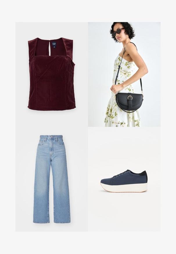 Top sin mangas de terciopelo burdeos con escote cuadrado y detalle de ojal en la parte posterior; textura suave y diseño ajustado.; Jeans de tiro alto y pernera ancha en azul claro, con cierre frontal de botón y cremallera, y bolsillos delantero y trasero, sobre un fondo blanco.; Zapatilla de color azul marino con parte superior de tejido texturizado, suela de plataforma blanca, punta redondeada y acento en el talón negro. Cuenta con seis ojales para los cordones.; Bolso de piel negra con forma curva, correa desmontable y herrajes dorados. El bolso cuenta con una solapa con un detalle de hebilla.