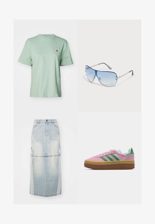 Mints zaļas krāsas kokvilnas T-krekls ar apaļu dekoltē, īsām piedurknēm un nelielu izšūtu logotipu uz krūtīm. Mīksta tekstūra un brīvs piegriezums.; Gaiši zils denim midi svārks ar sānu svītrām, pieguļošu vidukli un priekšējām kabatām. Nolietots raksts piešķir detaļas.; Rozā zamša kedas ar zaļām svītrām, baltām akcentiem un brūnu gumijas zoli. Izstrādātas ar teksturētu audumu un logotipa detaļām sānos.; Pilotstila saulesbrilles ar gradienta zilām lēcām, sudraba metāla rāmjiem un dekoratīvām zvaigžņu akcentiem uz lēcām. Gluda un eleganta dizaina.