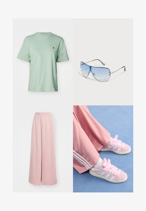 Camiseta de algodón color verde menta con cuello redondo, mangas cortas y un pequeño logotipo bordado en el pecho. Textura suave y corte relajado.; Pantalones de pierna ancha de color rosa claro con cintura elástica. Tejido suave con bolsillos laterales y una sutil marca en la pierna izquierda.; Zapatillas deportivas rosas con rayas azul claro, puntera redonda y cordones gruesos rosas, combinadas con pantalones de chándal rosas que tienen rayas laterales blancas.; Gafas de sol tipo aviador con lentes azul degradado, montura de metal plateado y acentos decorativos de estrellas en los lentes. Diseño suave y elegante.