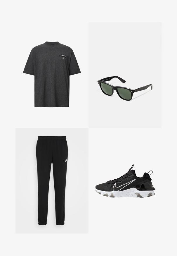 Tumehall oversize T-särk pehmest kangast, millel on ümar kaelus ja rinnas valge tekst ja logo.; Mustad mustad püksid elastse vöökohaga, püksisääred elastsed, vasakul küljel on väike valge Nike logo. Valmistatud pehmest tekstuursest kangast.; Mustad mustats spordijalatsid tekstureeritud kangast ülemise osaga, valge Nike swoosh ja paks valge tald. Varustatud tõmbenööriga kannal, et neid oleks lihtne jalga panna.; Mustad mustan plastiku prillid roheliste läätsedega, ruudukujulised raamid, hõbedane aksent kulmude peal ja tekstuuriga tempelkäed. Brändi nimi on märgitud sisevarrele.