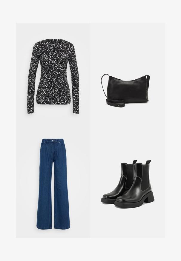 Langermet topp i svart med et uregelmessig prikkemønster i hvitt. Har et rynket design med teksturert stoff, tettsittende silhuett og rund hals.; Bredde ben jeans i blå denim med høy midje, frontlås med knapp og glidelås, samt front- og baklommer mot en ensfarget bakgrunn.; Sorte lær Chelsea støvler med en kraftig hæl, elastiske sidepaneler og kontrasterende hvid syning. Teksturert overflate.; Svart skinn skulderveske med glatt tekstur, buet form, justerbar stropp og glidelås. Minimalistisk design uten dekorasjoner.
