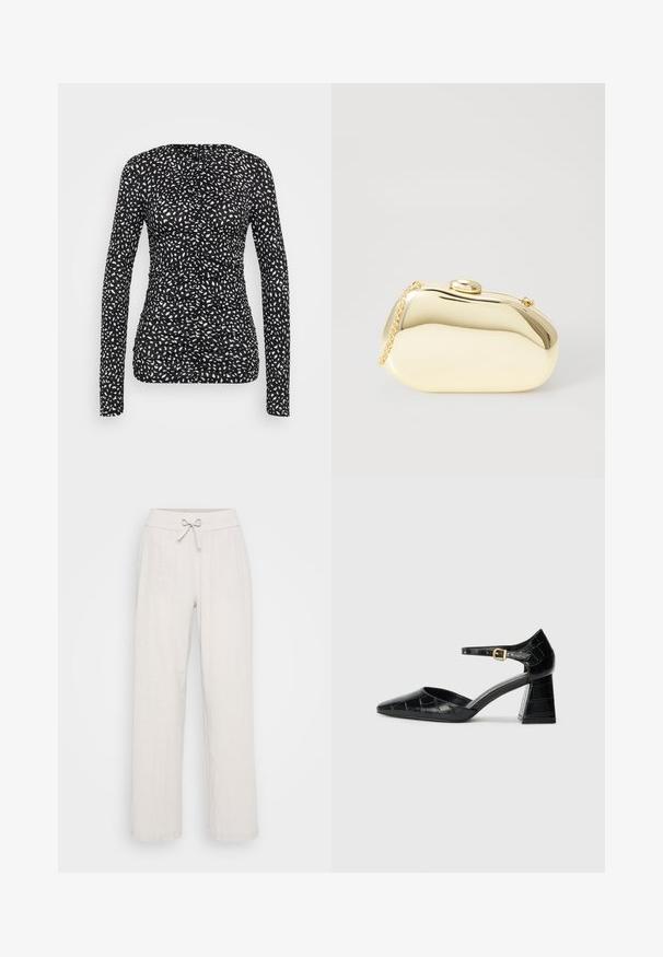 Fekete hosszúujjú póló, fehér, szabálytalan pöttyös mintával. Ráncolt dizájn, texturált anyag, testhezálló sziluett és kerek nyakkivágás jellemzi.; Világos bézs vászon nadrág széles szárú szabással, elasztikus derékkal és elülső megkötős díszítéssel. A textúrált anyag vizuális érdeklődést kölcsönöz.; Fekete lakkbőr magassarkú cipő hegyes orral, bokapánttal és texturált krokodilmintával. Négyzet alakú blokk sarok kialakítás.; Fémes arany színű kistáska sima, lekerekített formával, tetején gombos záródással és kis láncfogóval a hordozáshoz.