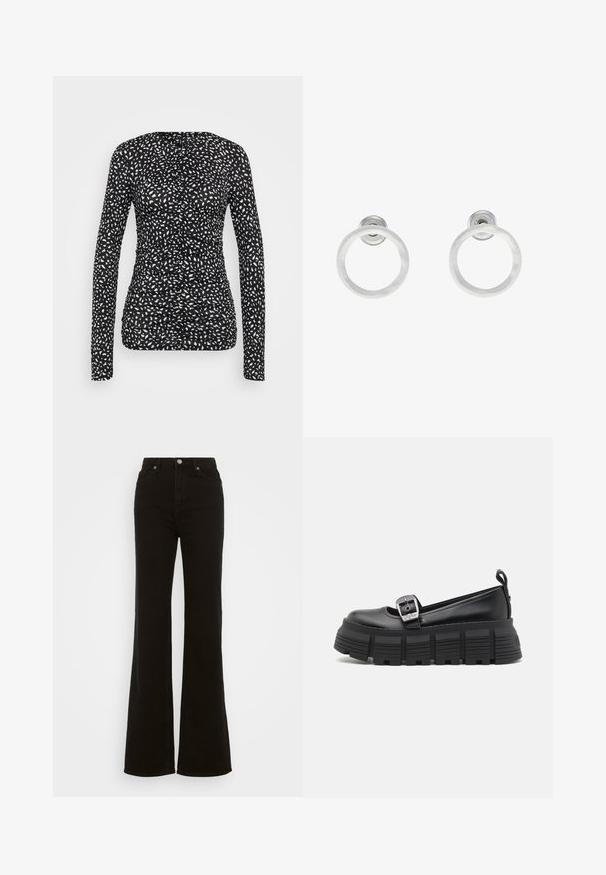 Long-sleeve top in black with a white irregular dot pattern. Features a ruched design with textured fabric, fitted silhouette, and crew neckline.; High-waisted black flared jeans made of denim, featuring a button closure, side pockets, and a smooth texture.; Black platform loafers with a rounded toe, smooth leather upper, adjustable buckle, and textured rubber sole featuring horizontal ridges.; Silver metal hoop earrings with a brushed texture, featuring a circular design and a clear post back for secure wear.