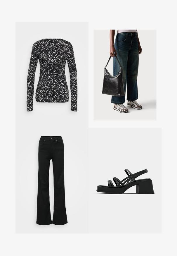 Črna majica z dolgimi rokavi z belim nepravilnim pikastim vzorcem. Ima naguban dizajn z teksturirano tkanino, prilega se telesu in ima okroglo izreznico.; Črne razširjene kavbojke iz denima, z visokim pasom, petimi žepi in kovinskim gumbom za zapiranje. Gladka tekstura z minimalnimi detajli.; Črne sandalke na visoki peti z več tankimi trakovi in širokim blok petom. Elegantna zasnova z mat površino. Podplat ima rahlo krivino.; Črna usnjena torba za ramo z gladko teksturo in nastavljivim trakom, v kombinaciji z zbledelimi širokimi hlačami in športnimi supergami.