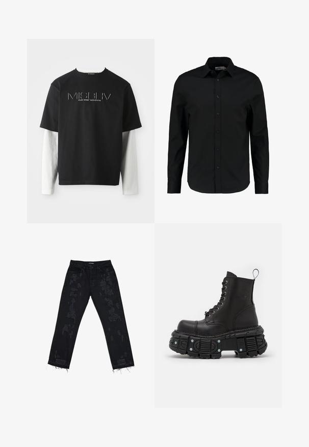 Zwarte T-shirt met korte mouwen gelaagd over witte lange mouwen, met het MISBHV clubwear-oplossingen logo gecentreerd op de borst.; Zwarte lange mouw shirt gemaakt van een gladde stof, heeft een knoopsluiting aan de voorkant, een spitse kraag en een getailleerde pasvorm met een gebogen zoom.; Zwarte denim jeans met versleten vlekken, een ontspannen pasvorm, rafelige zoom en een standaard vijf-pocket ontwerp. De stof lijkt duurzaam en gestructureerd.; Zwarte leren gevechtslaarzen met een hoge schacht, vetersluiting, dikke rubberen zool en metalen accenten op de basis van de zool.