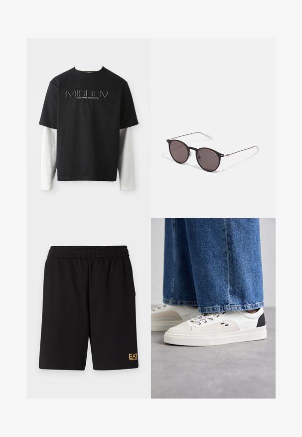 Zwarte T-shirt met korte mouwen gelaagd over witte lange mouwen, met het MISBHV clubwear-oplossingen logo gecentreerd op de borst.; Zwarte sportshorts van zacht materiaal, met een elastische tailleband en een klein geel EA7-logo op de onderste linkeronderbroek.; Witte en zwarte sneakers met een glad leren bovenwerk, textuuraccenten en een chunky witte zool. Heeft een klassiek vetersluiting ontwerp.; Zwarte ronde zonnebril met donkere lenzen en slanke metalen armen. Inclusief heldere tempelpunten en zilveren accenten bij de scharnier. Minimalistisch ontwerp.