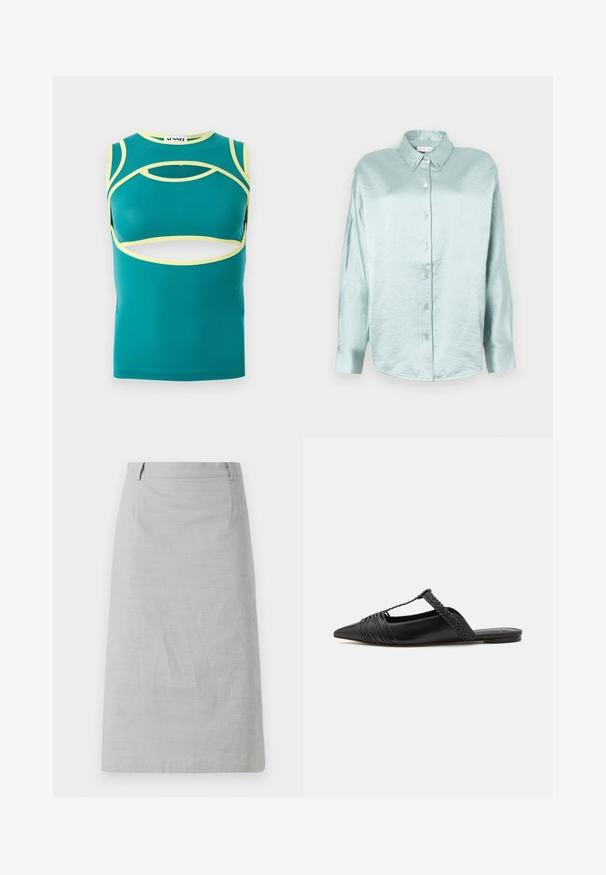 Teal mouwloze top met uitsnijdingen, gele accenten langs de randen en een ronde halslijn. Gemaakt van een gladde, rekbare stof.; Lichtblauwe overhemdd die gemaakt is van een glanzende, zachte stof; heeft een kraag, lange mouwen en een afgeronde zoom met een ontspannen pasvorm.; Grijze kokerrok met een gladde textuur, een aansluitende vorm en een platte tailleband, met zijsnijden en zonder zichtbare patronen of accenten.; Zwarte leren slingback schoen met een puntige neus, voorzien van een gevlochten accent en geplooid ontwerp aan de bovenkant. Platte zool met minimale hardware.