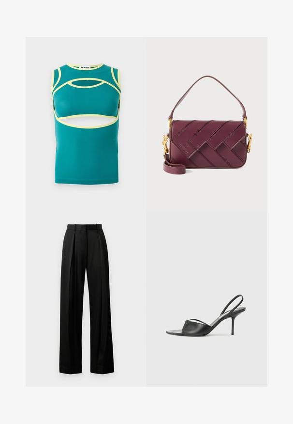 Teal sleeveless top with cut-out details, yellow accents along edges, and a rounded neckline. Made from a smooth, stretchy fabric.; Black wide-leg trousers made of lightweight fabric with a tailored fit, featuring front pleats and a flat waistband with loops.; Black leather slingback heels with a pointed toe, thin ankle strap, and stiletto heel. Features a knotted detail on the vamp.; Burgundy leather crossbody bag with a woven pattern, gold hardware accents, adjustable strap, and flap closure.
