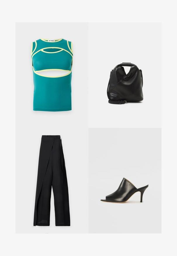 Türkise ilma varrukat tops, lõikega detailidega, kollased aktsendid servades ja ümar kaelus. Valmistatud siledast, venivast materjalist.; Mustad laiad püksid, millel on keeratud disain, sile tekstuur, kõrge vöökoht ja külje lipsu detail. Valmistatud kerge kangaga.; Must musta avatud varbaga king, millel on sujuv ja kumer disain, kõrge stilettokõrgus ja sile tekstuur. Siseosa on kontrastse heleda värviga.; Must ja pehme nahast kott, millel on unikaalne keerdkujuline disain. Omab lühikest kätset ja eemaldatavat õlarihma. Minimalistlik stiil.