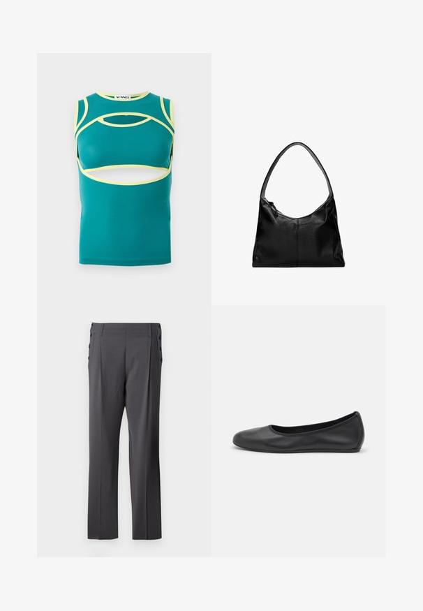 Türkises ärmelloses Oberteil mit Ausschnitten, gelben Akzenten entlang der Kanten und einem runden Halsausschnitt. Hergestellt aus einem glatten, dehnbaren Stoff.; Graue, maßgeschneiderte Hose mit geradem Bein, Vorderfalten und dekorativen Seitentasten für zusätzlichen Stil. Glatte Stoffstruktur.; Schwarze Leder-Ballettschuhe mit abgerundeter Spitze, glatter Textur, minimalen Nähdetails und einem flexiblen Sohlen-Design.; Schwarze Leder-Umhängetasche mit glatter Textur, geschwungenem oberen Rand und einem einzigen Tragegurt. Sie verfügt über einen Reißverschluss und ein minimalistisches Design.