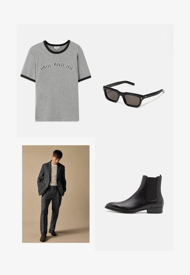 Grå bomulds-T-shirt med sort ribbet krave og ærmekanter, med teksten "PAUL AND JOE" i hvid buet skrift på forsiden.; Langærmet grå skjorte med knapper, brystlomme og knap-nede krave, lagt fladt på en hvid baggrund.; Grå skræddersyet jakkesæt med klaplapeller og frontlommer, suppleret med en stribet skjorte. Bukserne har en afslappet pasform og pressede folder. Brune sko.; ALDO BERT - Støvletter - black; Sorte rektangulære solbriller med mørke glas, tyk plastisk ramme, guldtryk på stængerne og brandlogo indgraveret på armen.