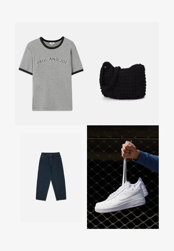 Gray cotton T-shirt with black ribbed collar and sleeve cuffs, featuring the text "PAUL AND JOE" in white arched lettering on the front.; Dark blue high-waisted jeans with a relaxed fit, featuring five pockets and a button closure. Made from denim with a smooth texture.; White leather sneakers with perforations, round toe, flat sole, and thick laces, featuring a visible swoosh logo and "AIR" on the heel.; Black fabric bag with a textured, quilted pattern. Rounded shape, short, thick handles, and a soft, flexible structure.