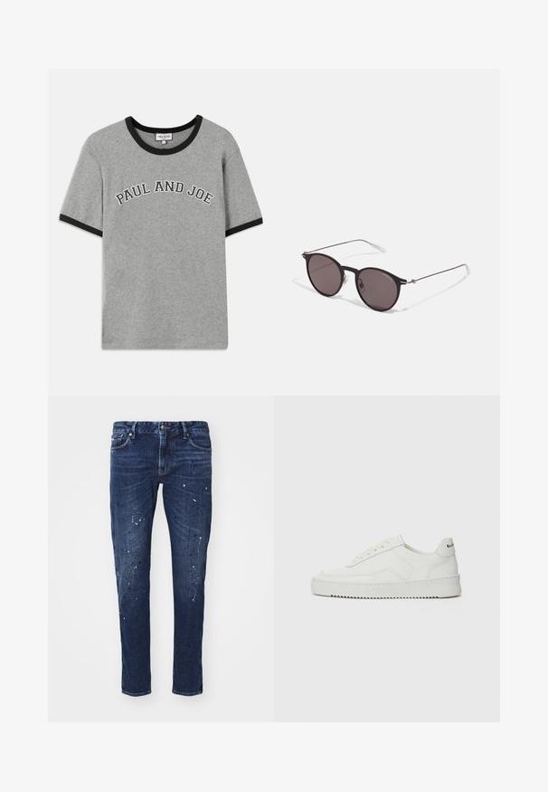 Camiseta de algodón gris con cuello y puños de manga acanalados en negro, que presenta el texto "PAUL AND JOE" en letras blancas en arco en la parte delantera.; Jeans de mezclilla oscura con corte slim, que presentan manchas de pintura, costuras visibles y diseño clásico de cinco bolsillos. Corte recto.; Zapatilla de cuero blanca con un acabado suave, puntera redonda, cordones planos y suela texturizada. Cuenta con un sutil logo en el talón.; Gafas de sol redondas negras con lentes oscuros y brazos metálicos delgados. Incluye puntas de varilla transparentes y acentos plateados en la bisagra. Diseño minimalista.