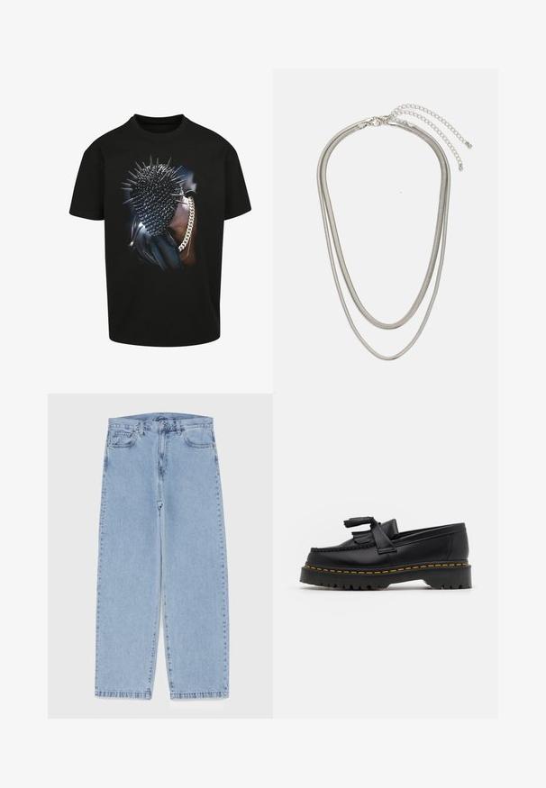 Crna majica s kratkim rukavima s grafikom šiljatog lica i akcentima od lanca. Klasičan kroj. Odvažan dizajn s sjajnom teksturom.; Svijetloplave traperice s ravnim nogavicama, sa srednjim strukom, pet džepova i zatvaranjem na dugme i patentni zatvarač.; Crna kožna loaferica s resicama, koja ima čvrst crni potplat i žute šavove duž ruba. Teksturirana završna obrada.; Necklace od tri sloja srebrnog metala s elegantnim, fleksibilnim lančićima blagog sjaja, zatvoren s karabinera i prilagodljivim lančićem.