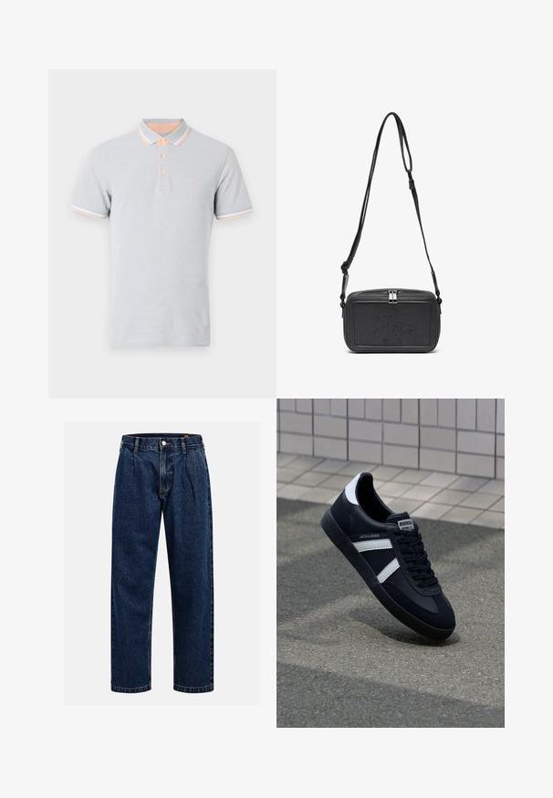 Lichtgrijze poloshirt, korte mouwen, perzikkleurige kraag en manchetten met witte accenten, drie knopen, geborduurd logo op de borst.; Donkerblauwe denim jeans met een rechtlopende pasvorm. Beschikt over zichtbare stiksels, een knoopsluiting en voorste plooien voor extra detail.; Zwarte leren sneaker met witte strepen, een gestructureerde rubberen zool en vetersluiting aan de voorkant. Voorzien van een merklabel op de tong.; Zwarte leren schoudertas met een ritssluiting, reliëflogo aan de voorkant en een verstelbare schouderriem. Gladde textuur met een rechthoekige vorm.