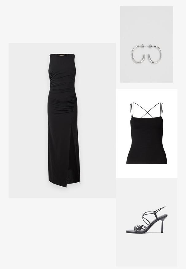 Samsøe Samsøe SANEHA - Top - black; Black sleeveless maxi dress featuring ruched detailing at the bodice and a thigh-high slit on one side. Made from smooth, stretchy fabric.; Black high-heeled sandals feature thin straps with a knotted design, a smooth square toe, and a sleek stiletto heel.; Light gray metallic handbag featuring a chain strap, embellished with small circular metallic studs and a triangular brand logo.; Silver hoop earrings with a smooth, shiny surface, featuring a curved shape and post-back closure. Minimalist design with a modern finish.
