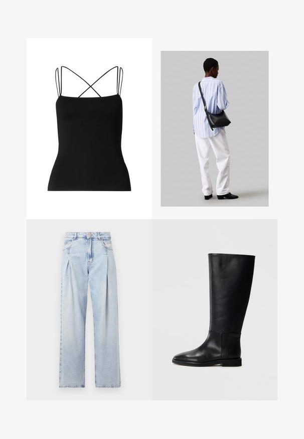 Samsøe Samsøe SANEHA - Tops - black; Gaiši zilas džinsu bikses ar augstu jostasvietu, plats kāju griezumu, divām sānu kabatām un krokotā dizaina akcentiem. Mīksta tekstūra ar izdilušu apdari.; Melnas ādas līdzceļgala zābaki ar noapaļotu pirkstu, gludu tekstūru, minimālistisku dizainu un plakanu zoli. Vienkāršas šuvju detaļas uz zābaku augšdaļas.; Melna ādas plecu soma ar mīkstu tekstūru, trīsstūra formu un regulējamu siksnu, apvienota ar gaiši zilu svītrotu krekli un baltām biksēm.