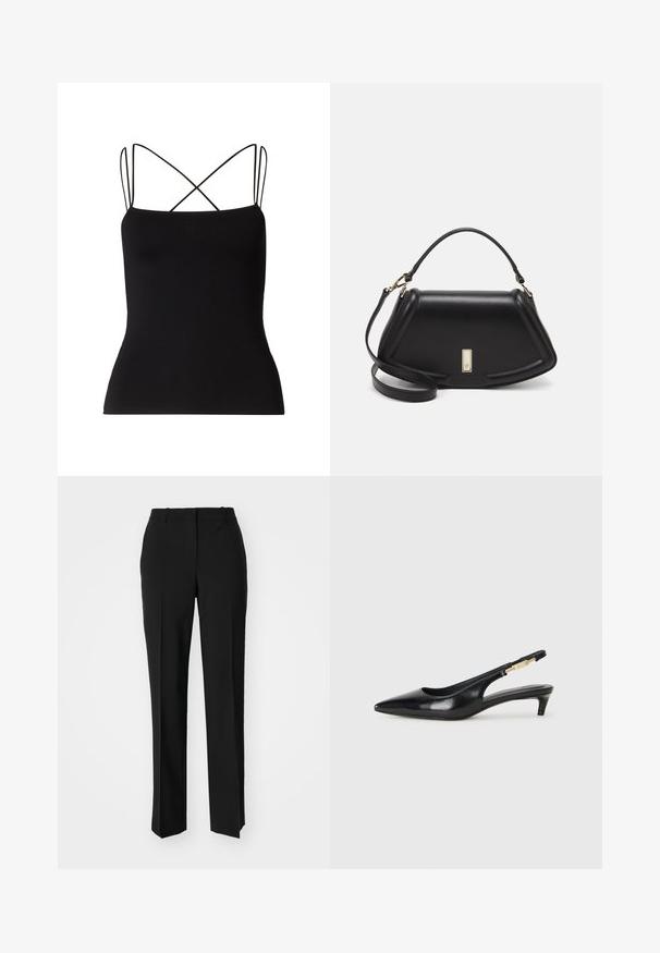 Samsøe Samsøe SANEHA - Topper - black; Sorte skreddersydde bukser med rett silhuett, med en glatt tekstur og klare pressede bretter foran. Ingen synlig maskinvare.; Sorte lærreim hæler med spiss tå, som har en slank hæl og en gullfarget detalj på den justerbare stroppen. Glatt tekstur.; Sort lærveske med en strukturert design, som har en avkortet form, topphåndtak og detaljer i gull. Justerbar skulderstropp inkludert.
