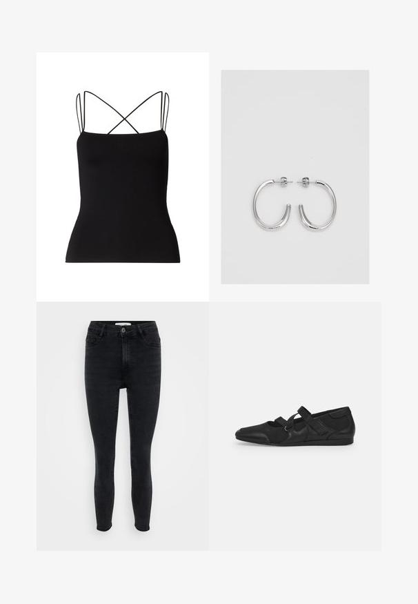 Samsøe Samsøe SANEHA - Toppi - black; Musta kapealahkeiset farkut, joissa on sileä denimpinta, viisi taskua ja etupainikkeellinen sulku, varustettuna tavallisella vyötäröllä ja ompeluaksentilla.; Musta litteä kenkä, jossa on pehmeä, teksturoitu päällinen, jossa on kaksi säädettävää hihnaa ja pyöristetty kärki, kiinnitetty tasaiselle kumipohjalle.; Hopehopeet hopehopeet hopehopeet hopehopeet, jolla on sileä, kiiltävä pinta. Pyöreä muoto, kevyt rakenne, jossa on neulakiinnitys.