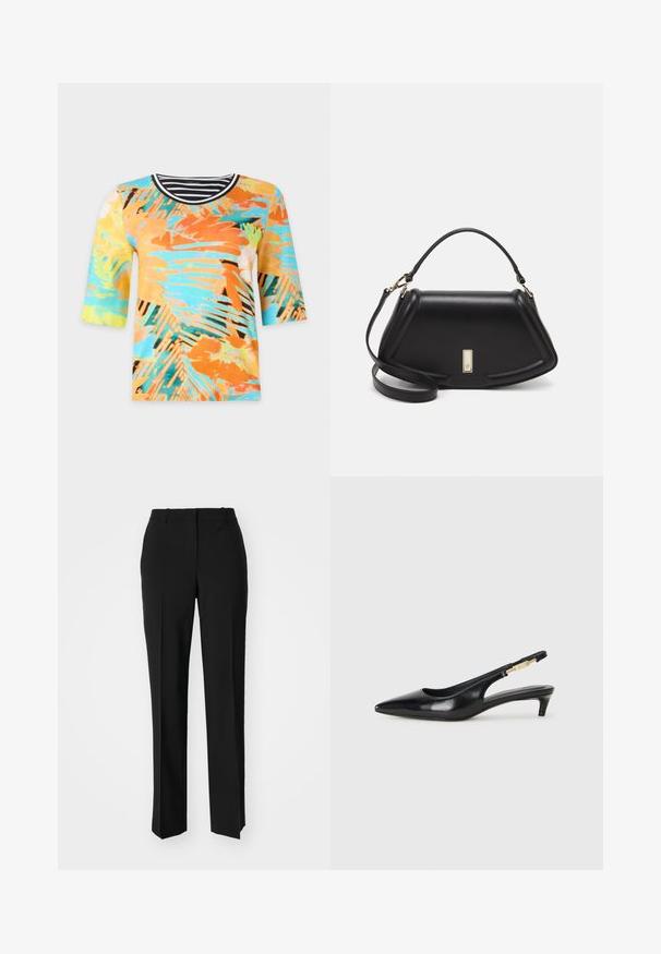 Short-sleeve top featuring a vibrant tropical print in orange, blue, and yellow, with a round, striped neckline. Soft fabric texture.; Black tailored trousers with a straight-leg design, featuring a smooth texture and crisp creases along the front. No visible hardware.; Black leather slingback heels with a pointed toe, featuring a slim heel and a gold-tone accent on the adjustable strap. Smooth texture.; Black leather handbag with a structured design, featuring a cropped shape, top handle, and gold hardware accent. Adjustable shoulder strap included.