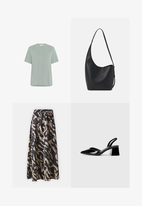 Mint zelena kratka majica z dolgimi rokavi iz mehkega in lahkega materiala, s okroglo ovratnico in sproščenim krojem. Minimalni šivi na robu in rokavih.; Črna in bež dolga krila z elastičnim pasom, ki ima abstraktni živalski vzorec in tekočo silhueto.; Črne lakirane slingback pete s koničastim nosom in geometrijsko blokasto peto. Imajo eleganten, minimalističen dizajn in gladko teksturo.; Črna usnjena hobo torba z gladko teksturo, ukrivljeno obliko in eno nastavljivo naramnico; ima širok odprtina na vrhu.