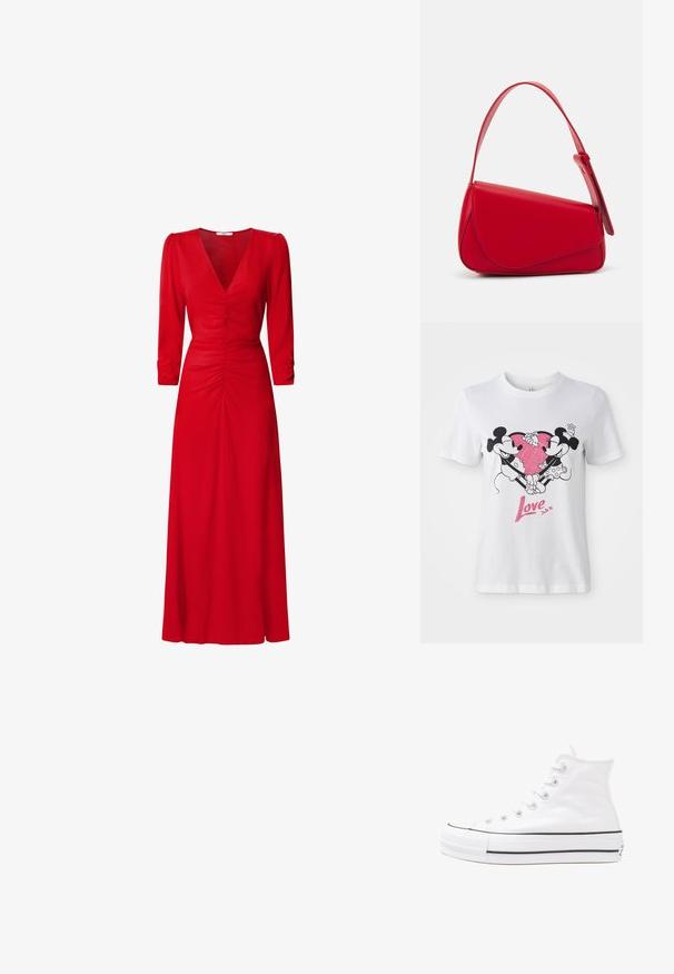 White cotton T-shirt featuring a graphic of Mickey and Minnie Mouse holding hands inside a pink glitter heart, with "Love" printed below.; Red dress with a V-neckline, three-quarter sleeves, and ruched detailing at the waist and back. Fabric appears smooth and lightweight.; White high-top canvas sneaker with black rubber sole, front rubber toe cap, and six eyelets for laces, featuring a clean, minimalist design.; Red leather handbag with an angular, geometric design. Features a single adjustable strap and a flap closure with stitched detailing.