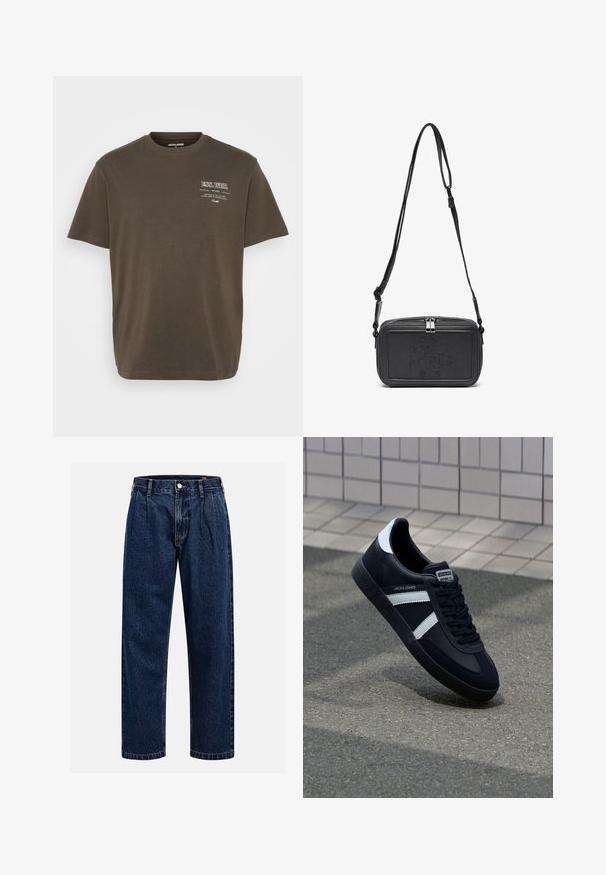 Brūns īsām piedurknēm T-krekli, kas izgatavots no kokvilnas, ar apaļo dekoltē un nelielu baltu grafisku druku kreisajā pusē.; Tumši zilie džinsu bikses ar taisna kāju dizainu. Iezīmējas redzamas šuves, pogu aizdare un priekšējie gurni papildu detaļām.; Melnā ādas sporta apavi ar baltām svītrām, teksturēta gumijas zole un auklu aizdare. Iekļauj zīmola etiķeti uz mēles.; Melna ādas soma uz pleca ar zīmolu, slēdzamu rāvējslēdzēju un regulējamu siksnu. Gluda tekstūra un taisnstūru forma.