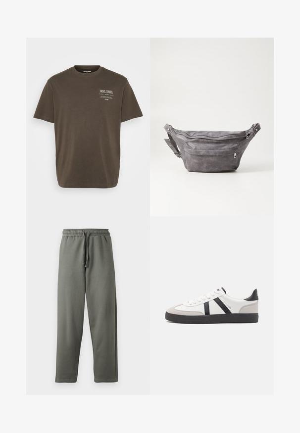 Barna, rövid ujjú pamut póló, kerek nyakkivágással, a bal oldalon egy kis fehér grafikával.; Szürke melegítőnadrág puha anyagból, rugalmas derékkal és húzózsinórral; egyenes szabású és minimális varrási részletekkel rendelkezik.; Fehér sneaker fekete és szürke részletekkel, textúrált szürke orr résszel, fekete gumitalppal és lapos fehér fűzőkkel. Tiszta dizájn, minimalista stílus.; Szürke velúr övtáska kerek formával, két cipzáras rekesszel és állítható pánttal. Fém dekorációval rendelkezik.