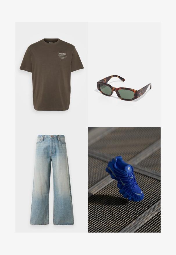 Barna, rövid ujjú pamut póló, kerek nyakkivágással, a bal oldalon egy kis fehér grafikával.; Világoskék széles szárú farmernadrág. Magas derekú, gombos záródással, diszkrét kopással, sima textúrával és varrott varratokkal rendelkezik.; Kék sportcipő, hálós felsőrésszel, texturált dizájnnal, és hangsúlyos talppal, amely különböző párnázási elemekkel és fényvisszaverő részletekkel rendelkezik.; Tortoiseshell napszemüveg téglalap alakú zöld lencsékkel, széles kerettel és vastag szárakkal. A stílusos dizájn és a sima műanyag textúra jellemzi.
