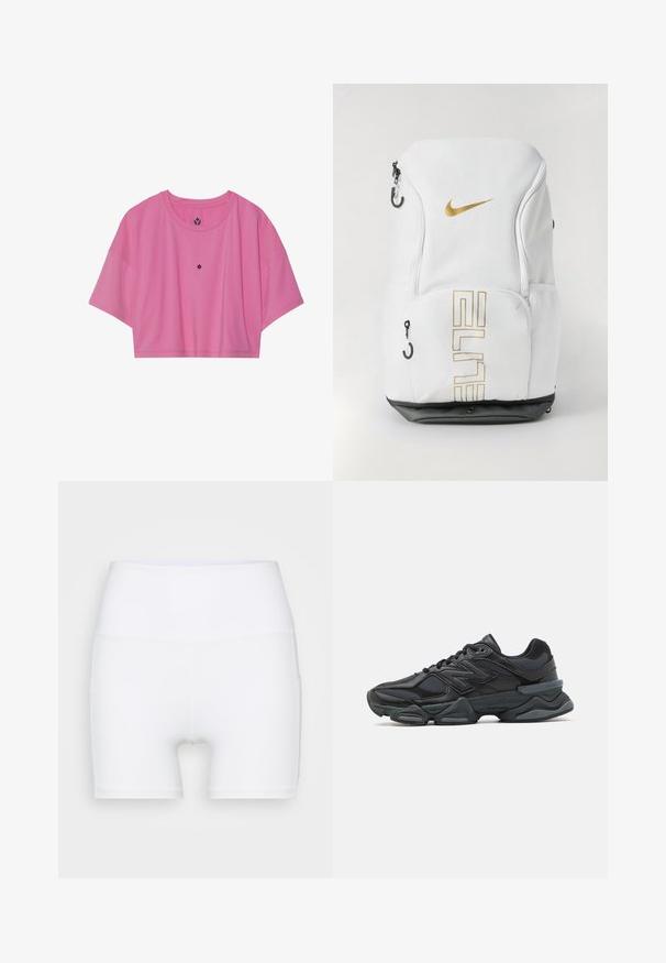 T-shirt desportiva cor-de-rosa cortada, feita de tecido suave, com mangas curtas e gola redonda. Pequeno logótipo centrado no peito.; Calções brancos de cintura alta feitos de tecido elástico. Apresentam uma textura suave e um design justo, sem padrões ou acessórios adicionais.; Sapato de corrida preto com uma combinação de malha e materiais sintéticos, sola robusta, design curvado e uma marca de destaque na lateral.; Mochila Nike em branco com logótipo dourado e texto "ELITE", fechos com zip e bolsos laterais em rede, e base inferior preta. Textura suave.