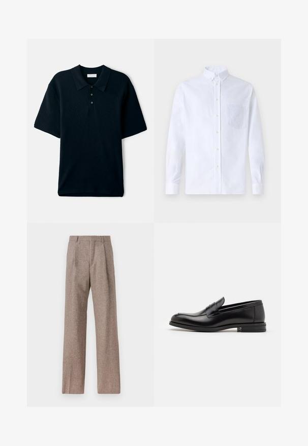 Námořnicky modré polo tričko s krátkým rukávem, které se vyznačuje texturovaným, žebrovaným designem, límečkem a dvouřadým zapínáním na knoflíky.; Bílá dlouhá košile s knoflíky vyrobená z bavlny, která má náprsní kapsu s tónovanou výšivkou, límec a knoflíkové manžety.; Hnědé kalhoty s vysokým pasem vyrobené z texturované látky. Mají široké nohavice a dva přední sklady pro strukturu. Úhledné provedení bez viditelné kovových částí.; Černé kožené polobotky s hladkou texturou, zaoblenou špičkou a zdobným páskem přes nárt. Nízký stohovaný podpatek, minimalistický design.