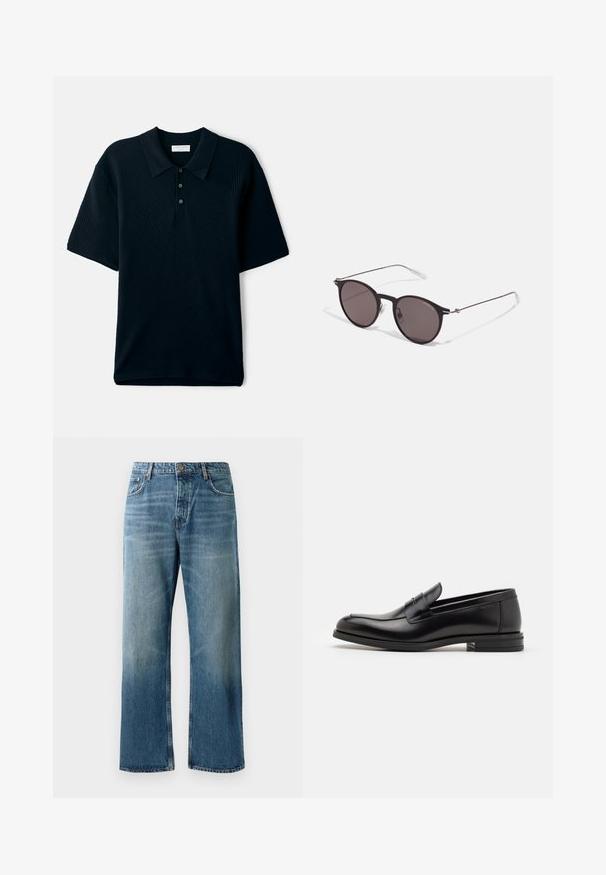 Tengerészkék, rövid ujjú pólóing, texturált bordázott mintával, gallérral és három gombos patentes zárással.; Világoskék, széles szárú farmer, elhasználódott mosással, egy gombos záródással, öt zsebbel és kontrasztos varrással.; Fekete bőr loaferek sima textúrával, kerek orral és dekoratív pánttal a vampnál. Alacsony, rétegelt sarkú, minimalista dizájn.; Fekete kerek napszemüveg sötét lencsékkel és karcsú fém szárakkal. Átlátszó szárvégeket és ezüst részleteket tartalmaz az ívnél. Minimalista dizájn.