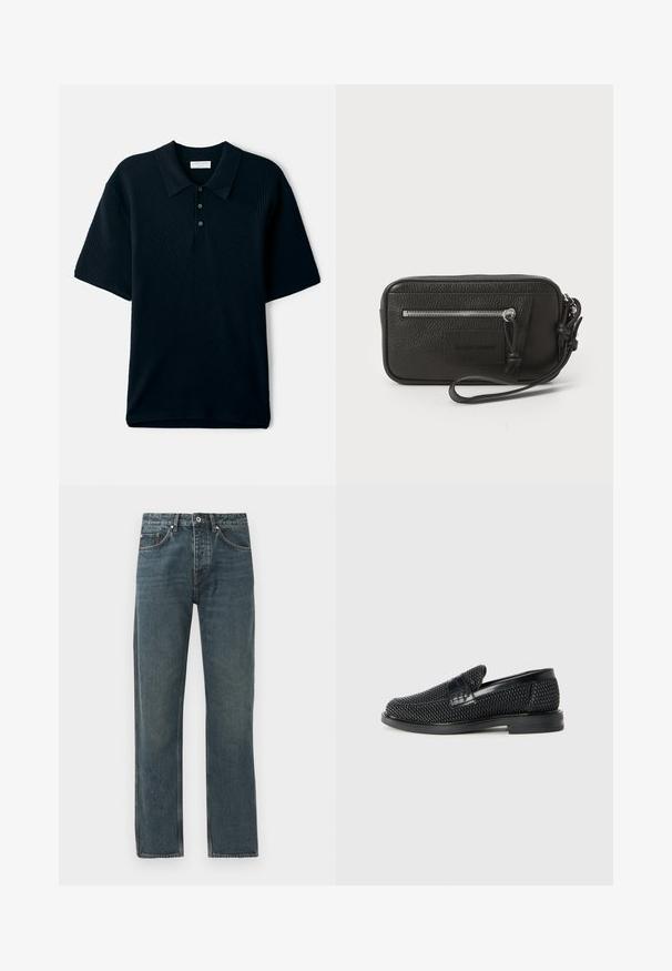 Kleita jūras zilā krāsā, īsu piedurkņu polo krekls ar struktūrētu, ribotu dizainu, ar apkaklīti un trīs pogu slēgšanu.; Tumši zili džinsi ar taisnas kājas dizainu, kas aprīkoti ar piecām kabatām, pogu aizdari un kontrastējošiem dūrieniem.; Melnas austas slaidu kurpes ar gludu ādas akcentu augšpusē, apaļas formas purngalu un zemas profila gumijas zoli.; Melnas ādas clutch soma ar teksturētu virsmu, priekšējo rāvējslēdzēja kabatu un noņemamu roku siksnu. Iekļauts logotipa uzlikums priekšpusē. Taisnstūra forma.