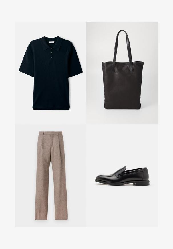Tengerészkék, rövid ujjú pólóing, texturált bordázott mintával, gallérral és három gombos patentes zárással.; Barna, magas derekú nadrág texturált anyagból. Széles szárai és két elülső redője biztosítja a struktúrát. Ízléses kivitel, látható fémszerelés nélkül.; Fekete bőr loaferek sima textúrával, kerek orral és dekoratív pánttal a vampnál. Alacsony, rétegelt sarkú, minimalista dizájn.; Fekete vászontáska fekete bőr füllel. Egyszerű dizájn, tágas test és sima textúra. Nincsenek látható logók vagy minták.