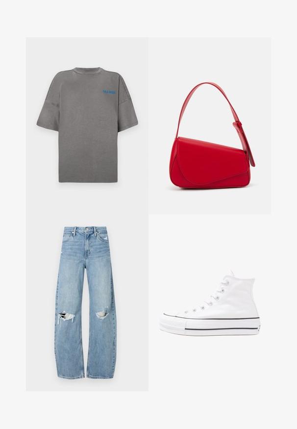 Gray cotton t-shirt with short sleeves, round neckline, and "CALA BASSA" in blue text on the front. Smooth texture.; Light blue, high-waisted jeans made of denim. Feature wide legs, two torn knee areas, and classic five-pocket styling.; White high-top canvas sneaker with black rubber sole, front rubber toe cap, and six eyelets for laces, featuring a clean, minimalist design.; Red leather handbag with an angular, geometric design. Features a single adjustable strap and a flap closure with stitched detailing.